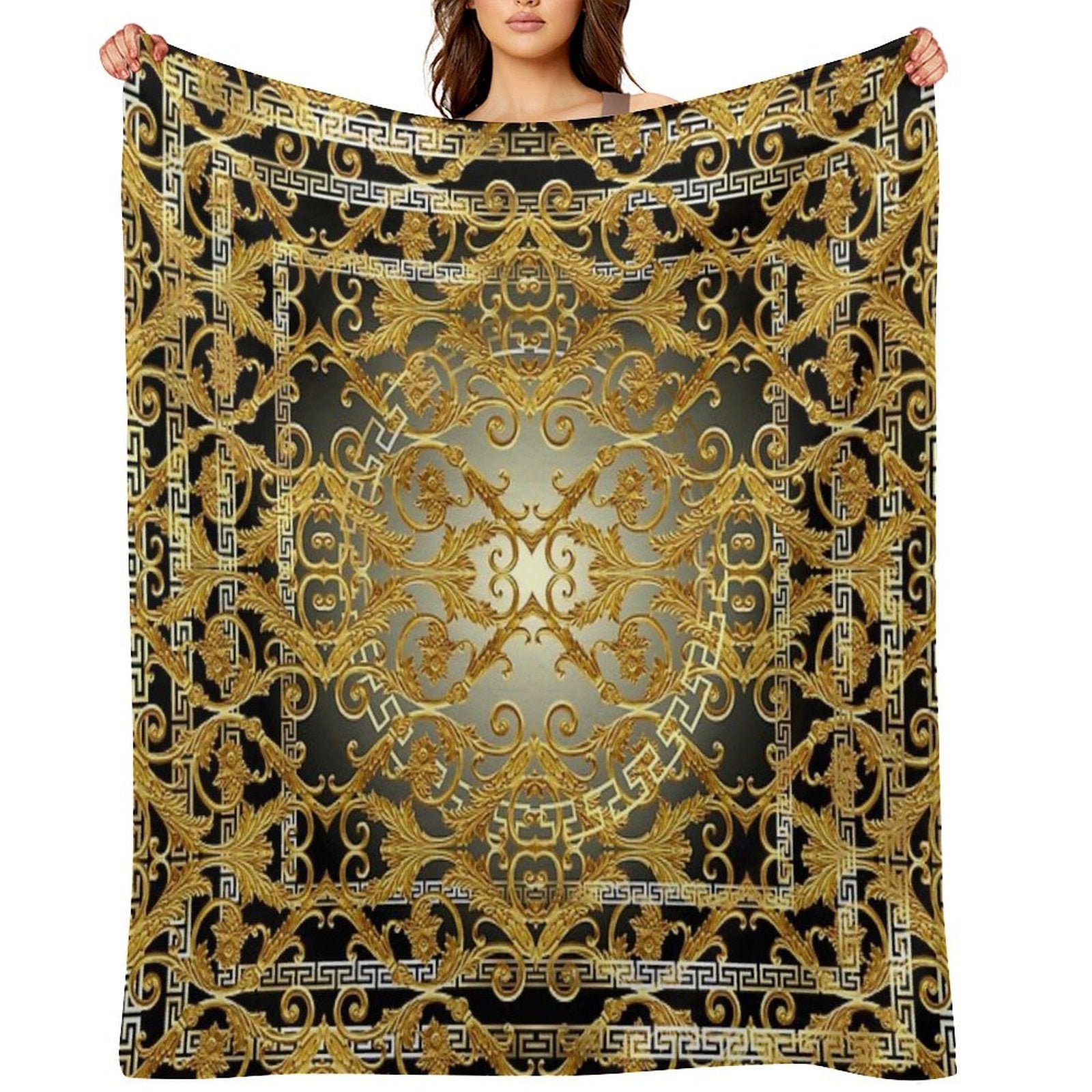 Greek Keys 4 Black Golden Baroque Style Wrinkle-free Throw Blanket