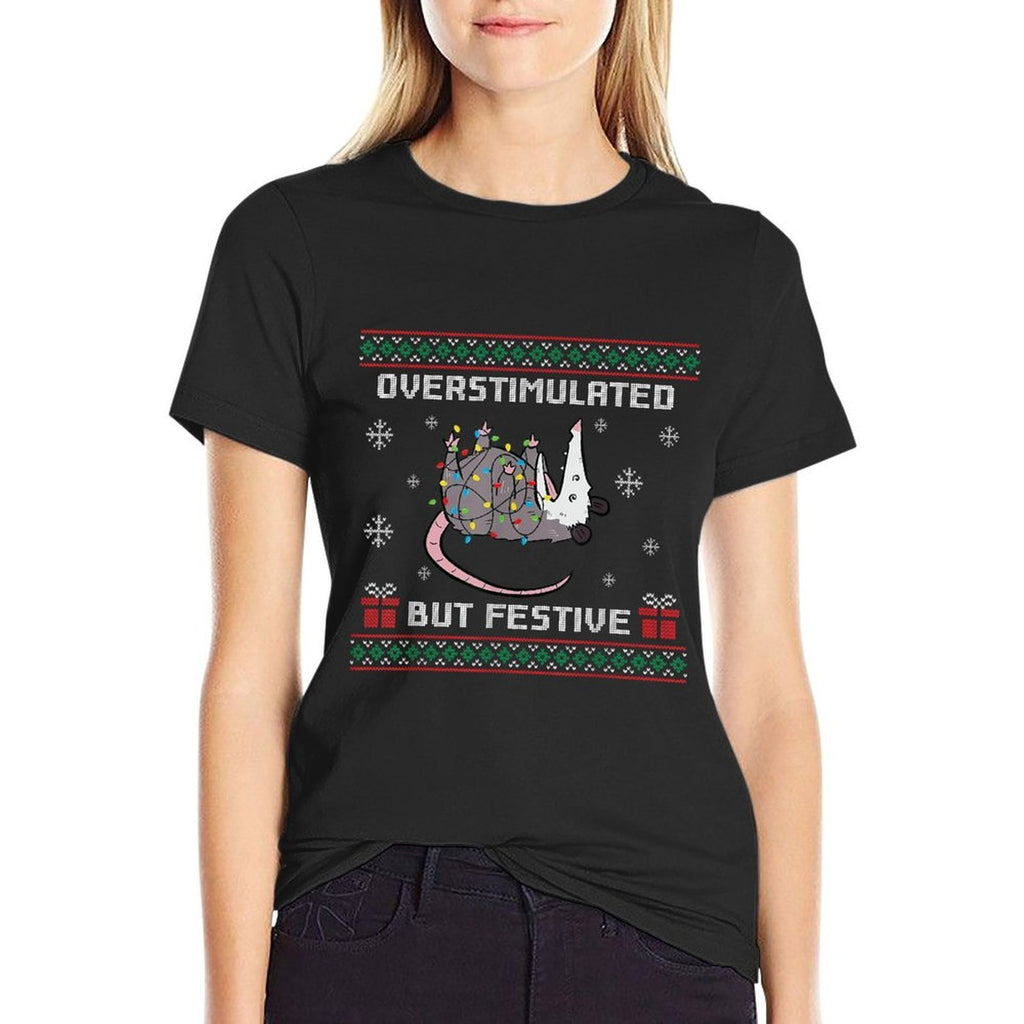 Overstimulated But Festive Possum Ugly Christmas  Heathered Texture T-Shirt