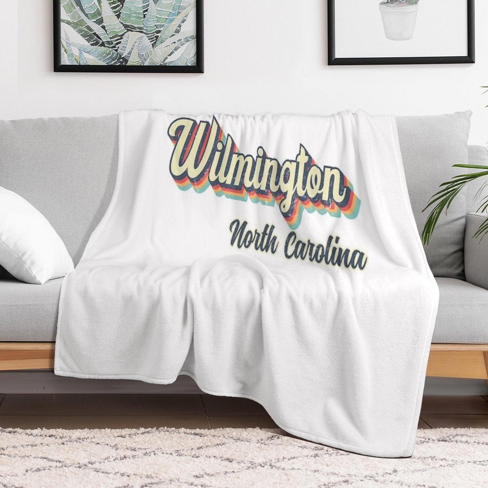 Wilmington City North Carolina Retro Vintage 70s Rainbow Comfort Throw Blanket