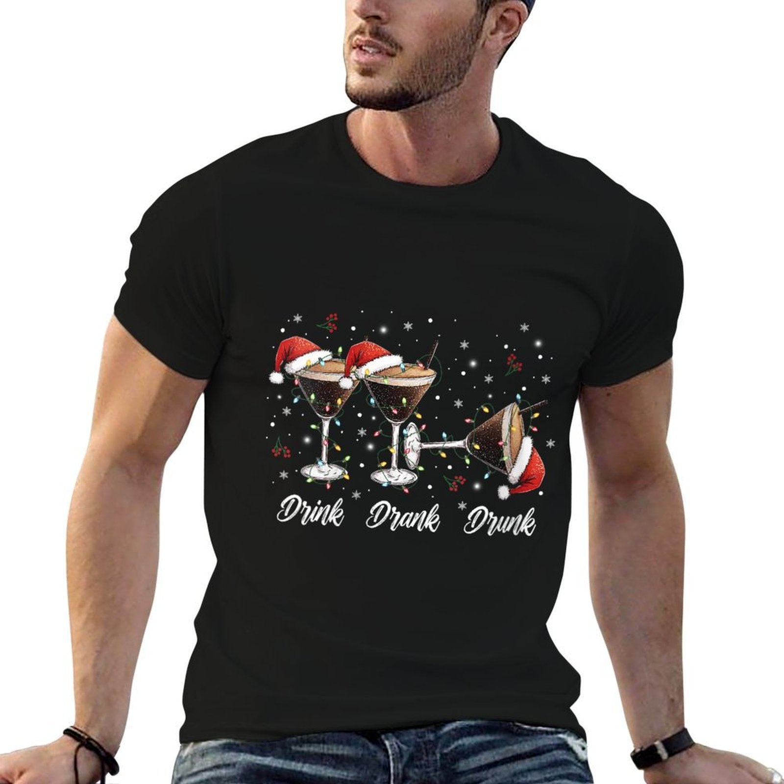 Womens Drink Drank Drunk Christmas Martini Cocktail Santa Hat Xmas  Trendy Pattern T-Shirt