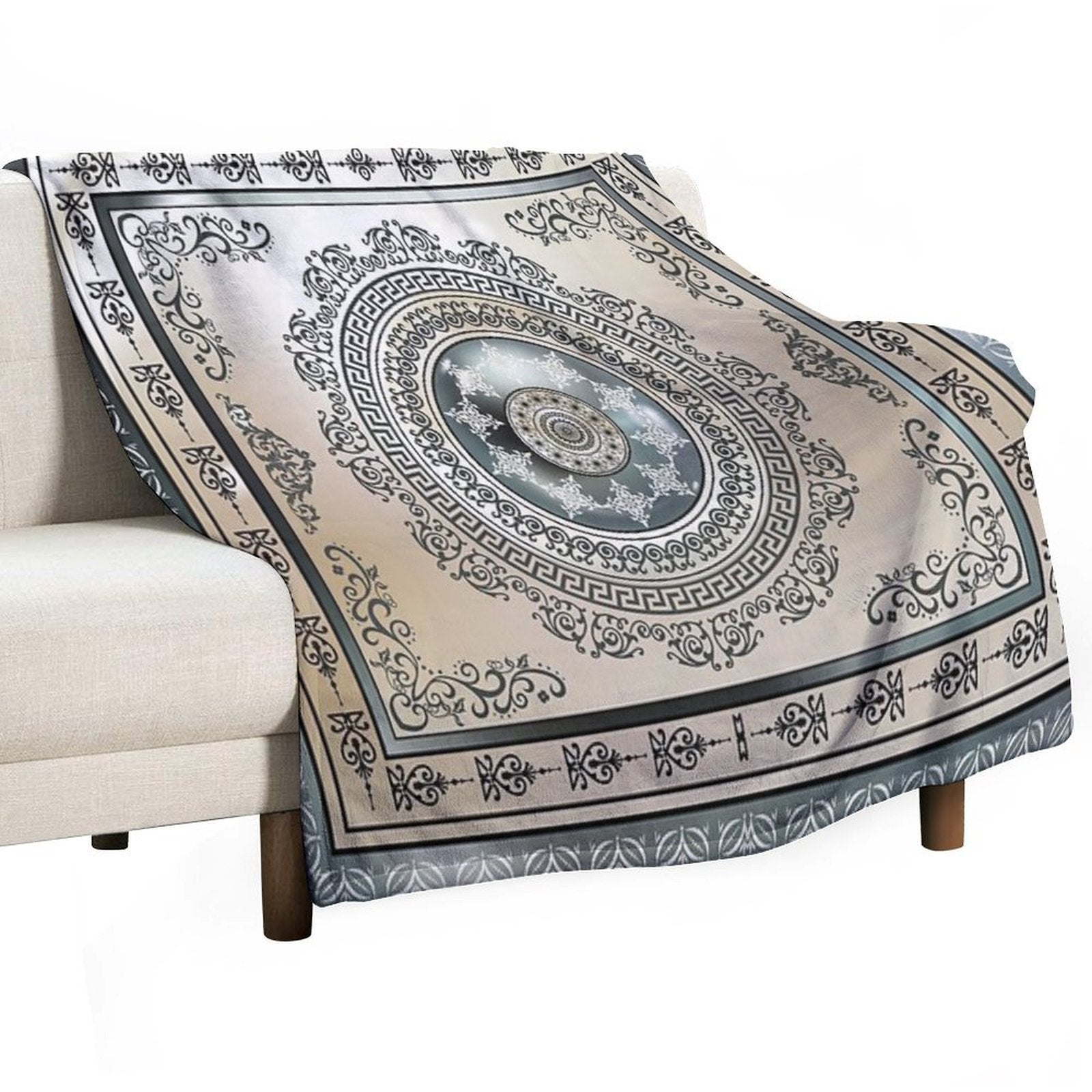 Ornate Greek Key Meander Green And Cream Medallion Wrinkle-free Throw Blanket