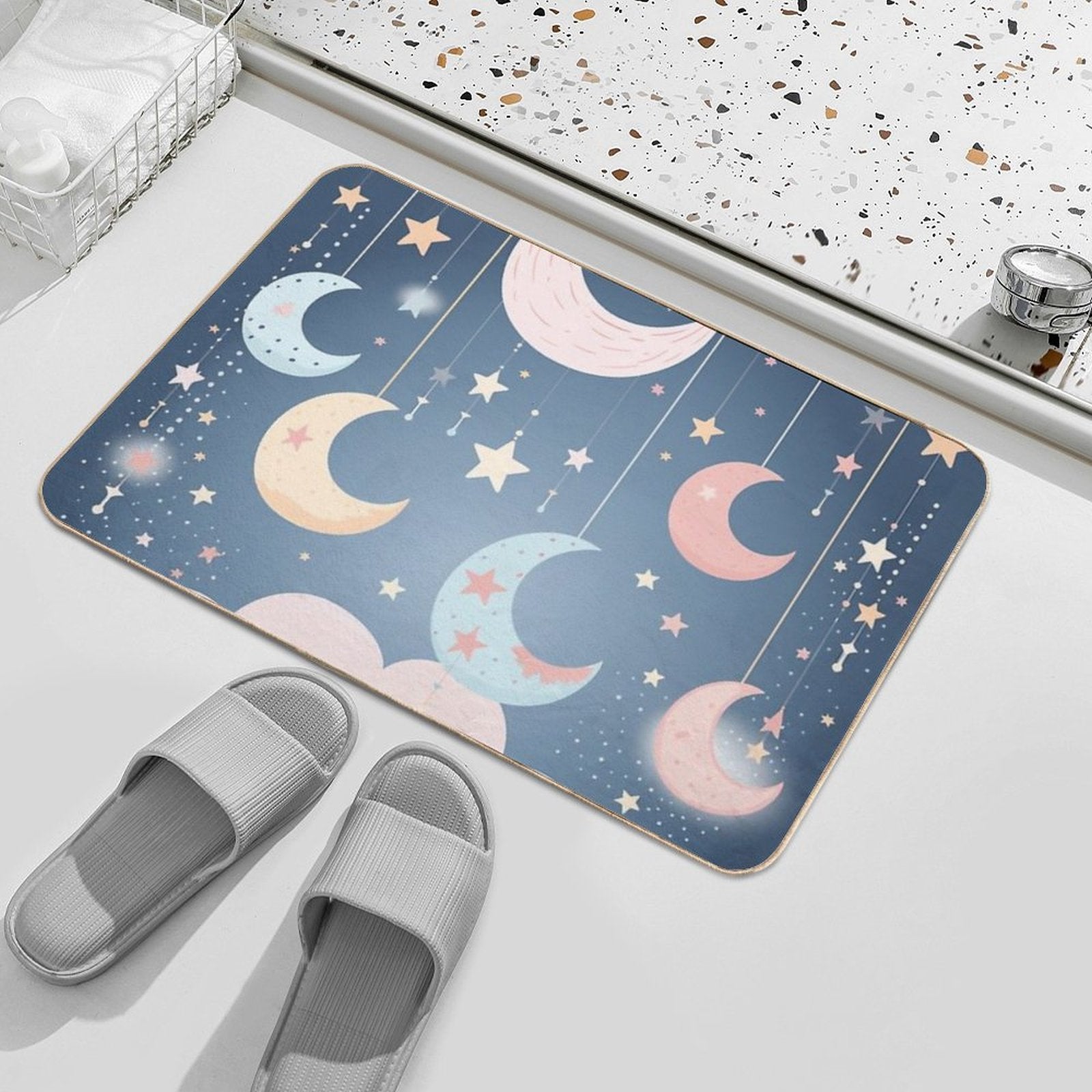 Whimsical Stars And Moon Pattern in Soft Pastel Colors  Absorbent Bath Mat