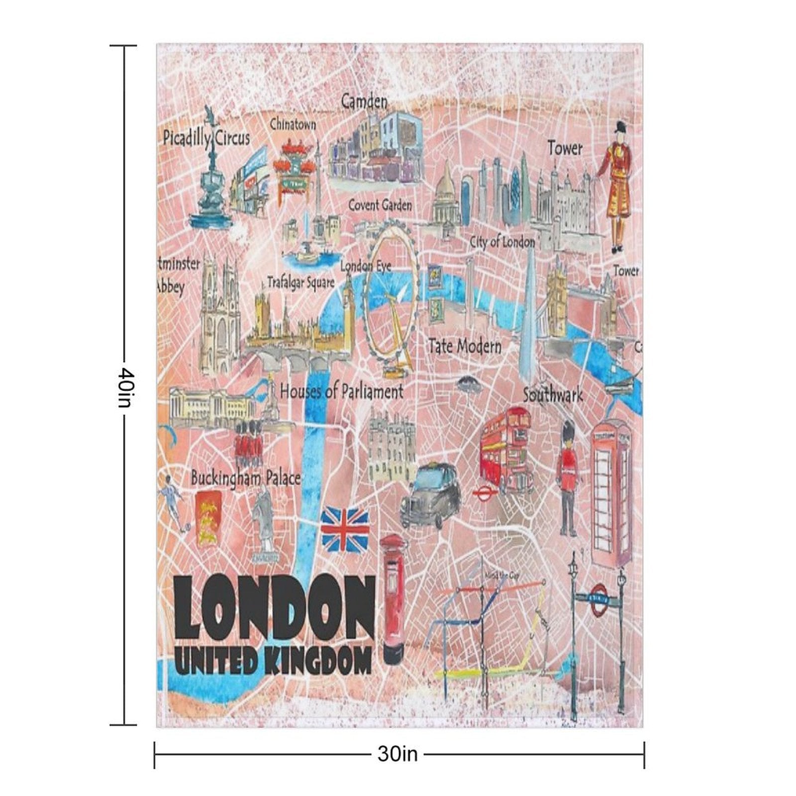 London UK Illustrated Map with Main Roads, Landmarks & Highlights Easy Care Throw Blanket