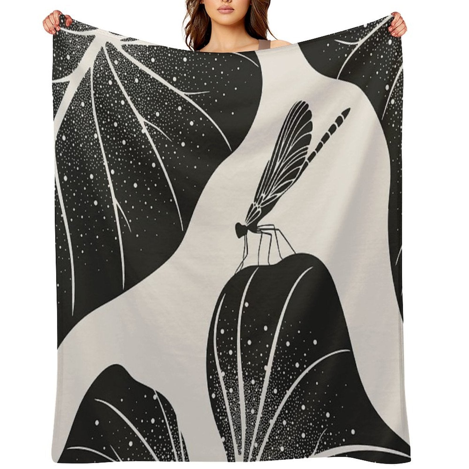 Dragonfly on Leaf with Water Drops, Minimalist Illustration Anti-pilling Throw Blanket