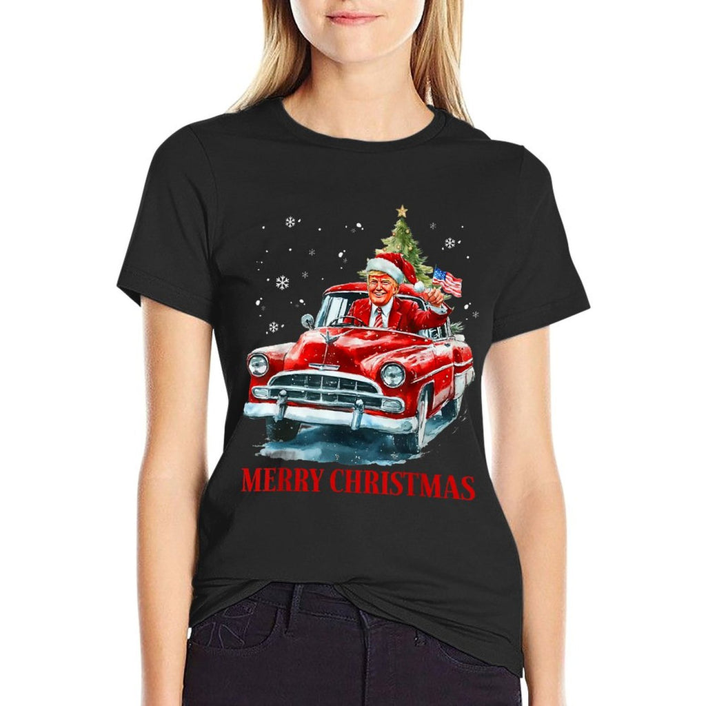 Funny Santa Trump Riding Red Truck Merry Christmas Xmas 2025  Trendy Pattern T-Shirt