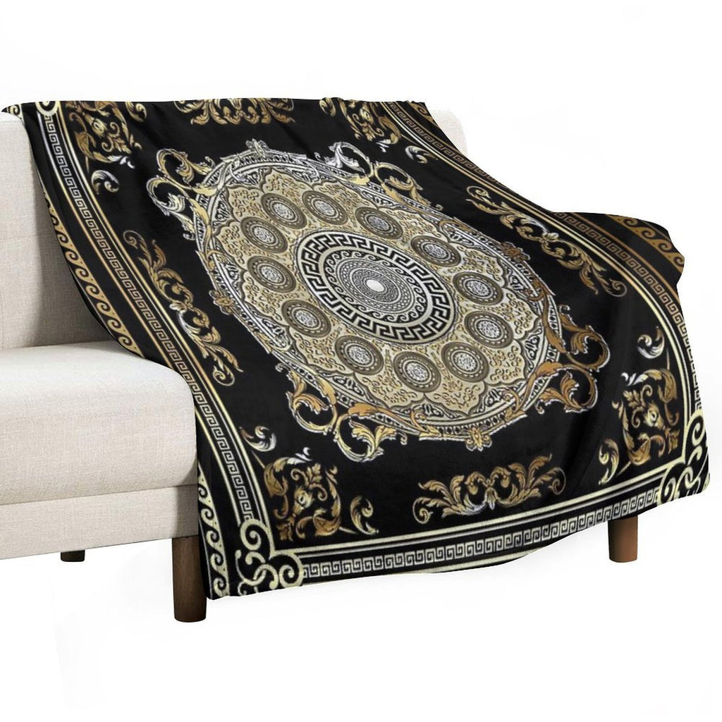 Ornate Baroque Gold Pearl Black Waves Greek Meander Easy Care Throw Blanket