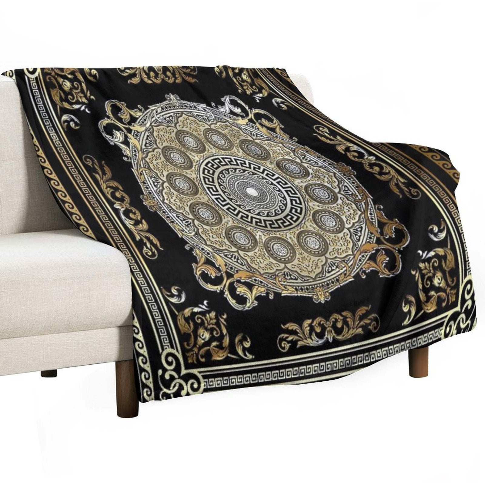 Ornate Baroque Gold Pearl Black Waves Greek Meander Easy Care Throw Blanket