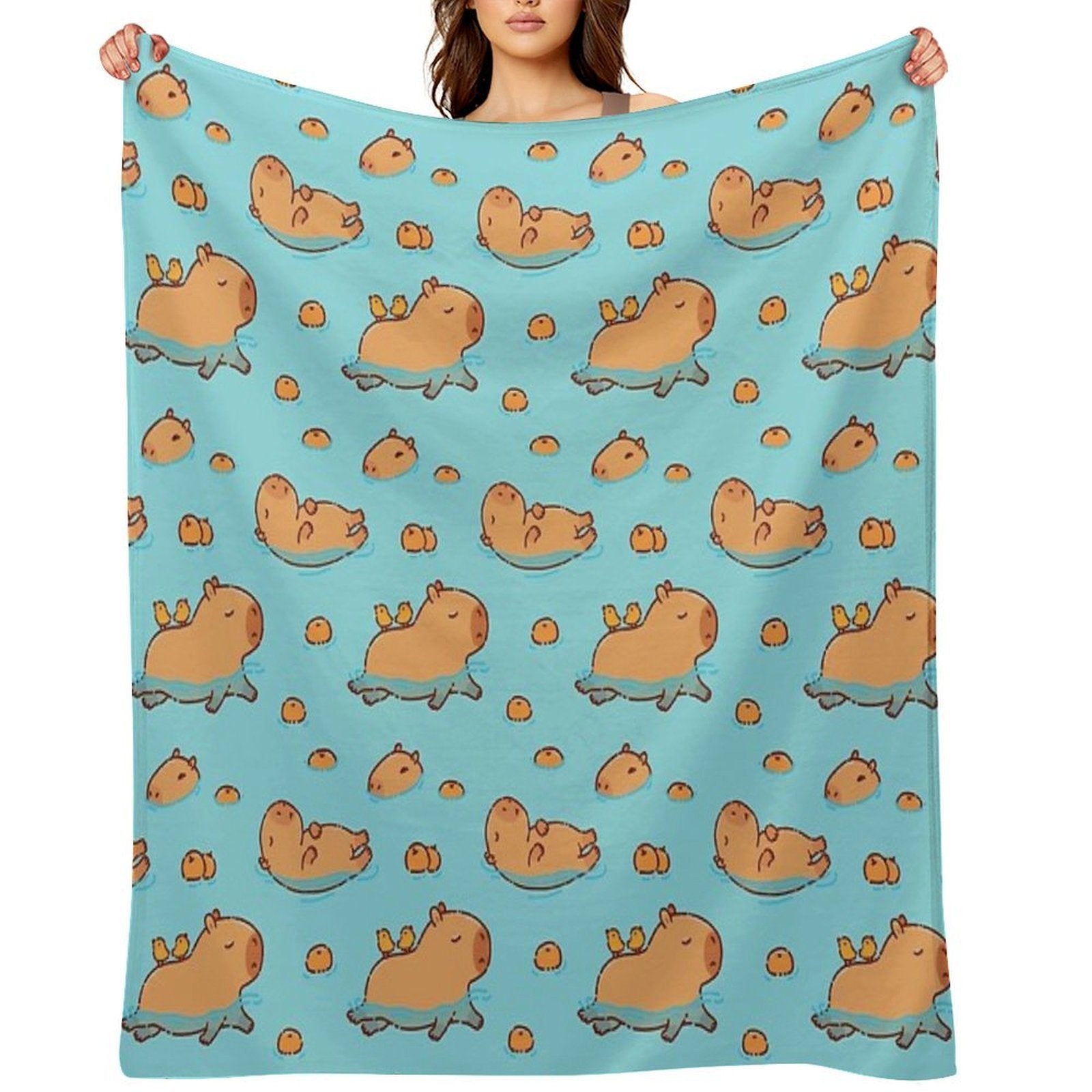 Capybara Pattern Swimming with Oranges Versatility Throw Blanket