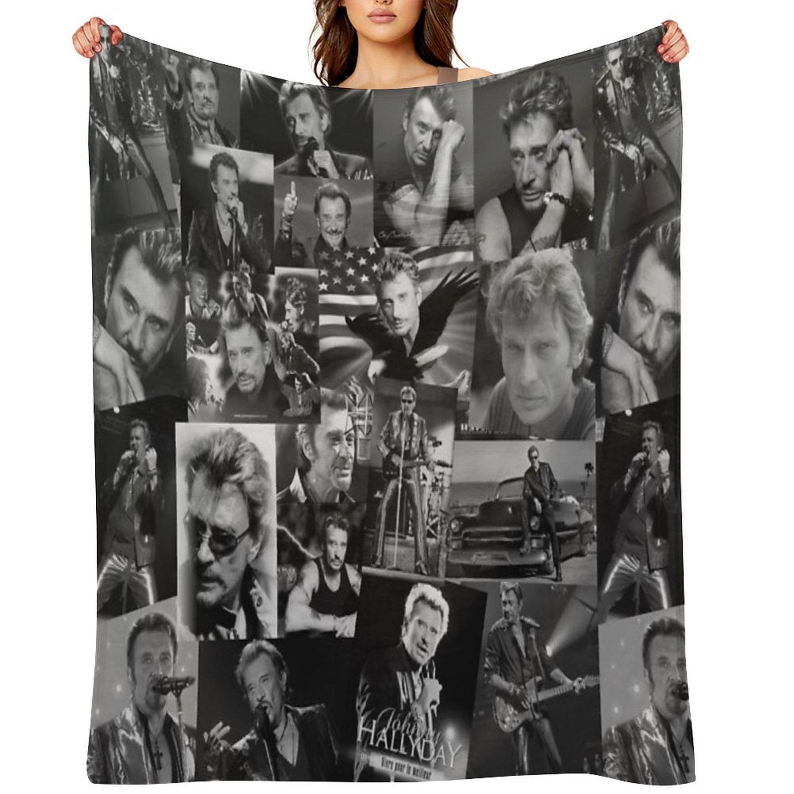 Johnny Hallyday French Singer Assorted Black And White Vintage Collage Premium Throw Blanket