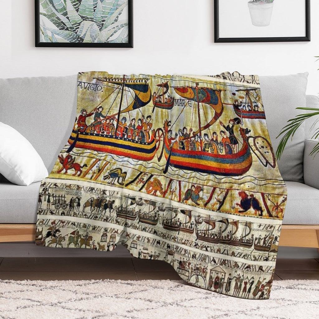 THE BAYEUX TAPESTRY ,VIKING SHIPS Sustainable Throw Blanket