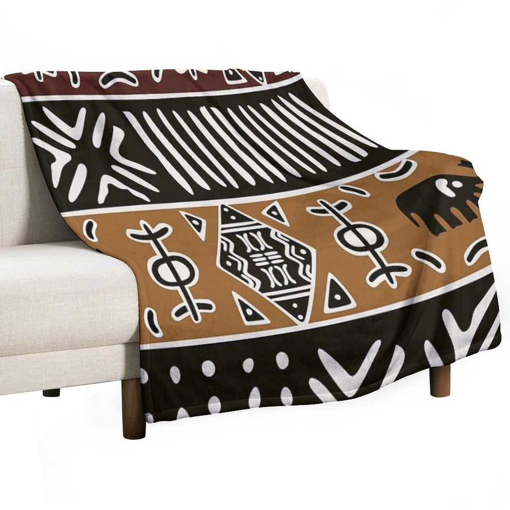 African Mud Cloth with Elephants Plush Throw Blanket