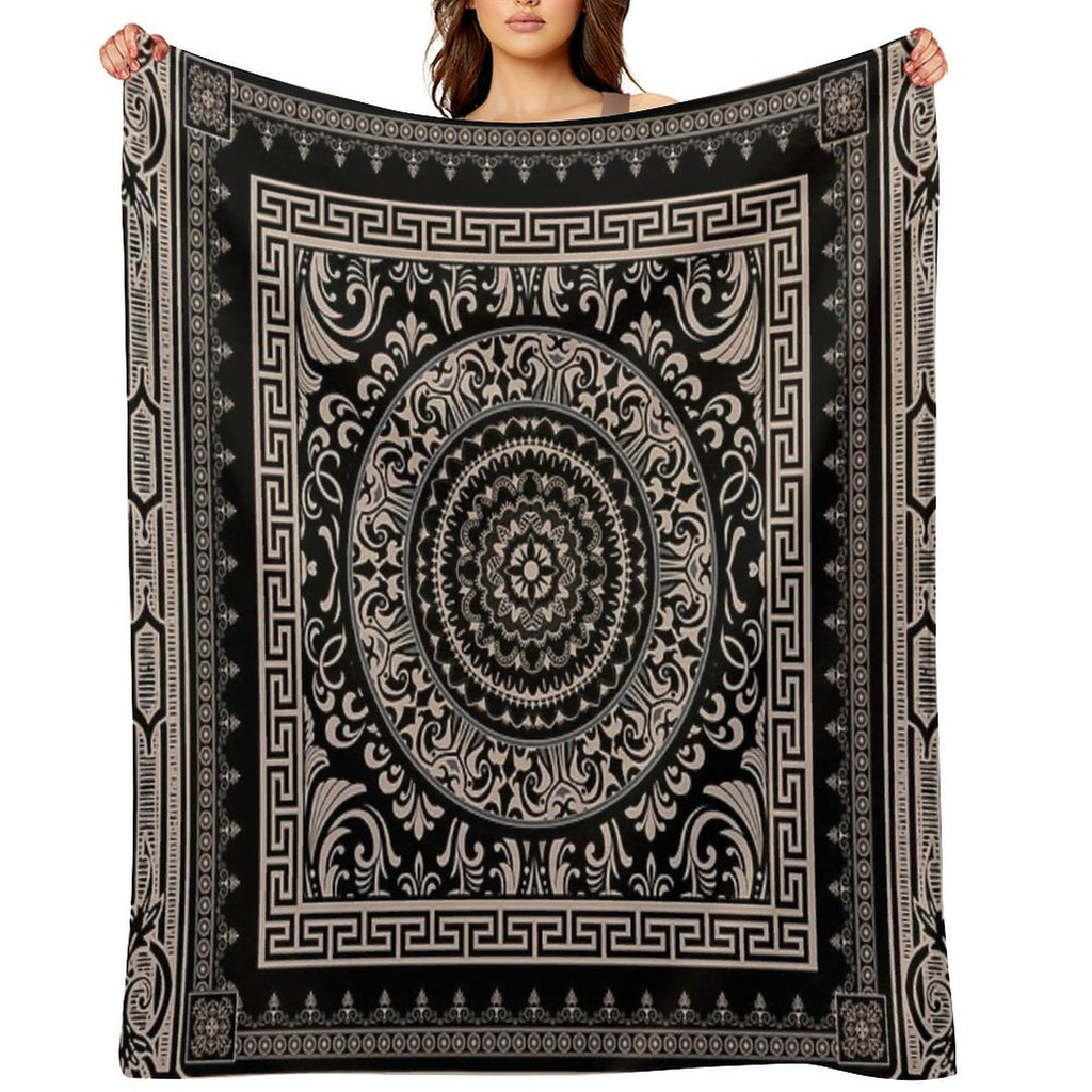 Ornate Baroque Black Khaki Greek Key Travel-friendly Throw Blanket