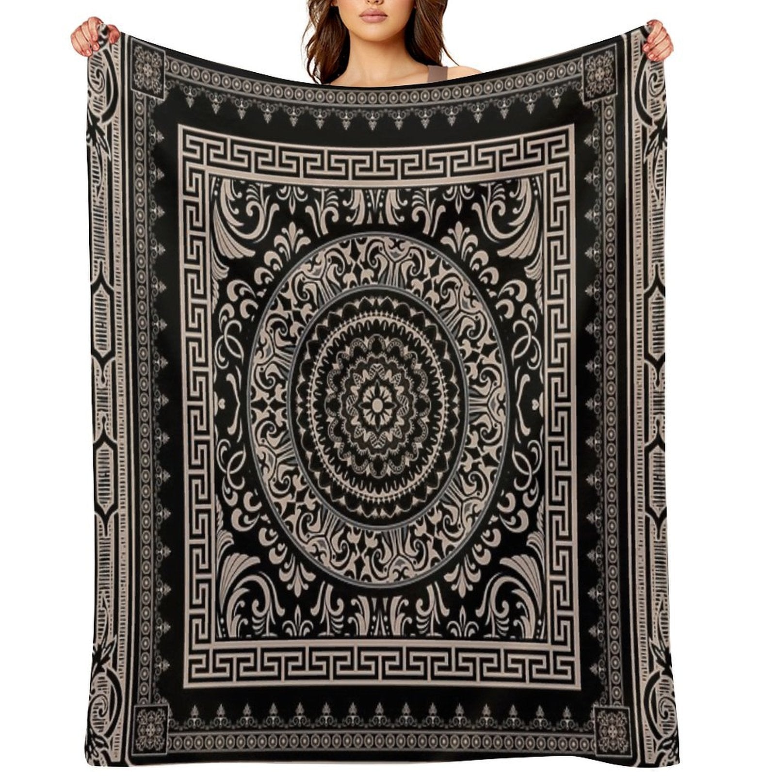 Ornate Baroque Black Khaki Greek Key Travel-friendly Throw Blanket