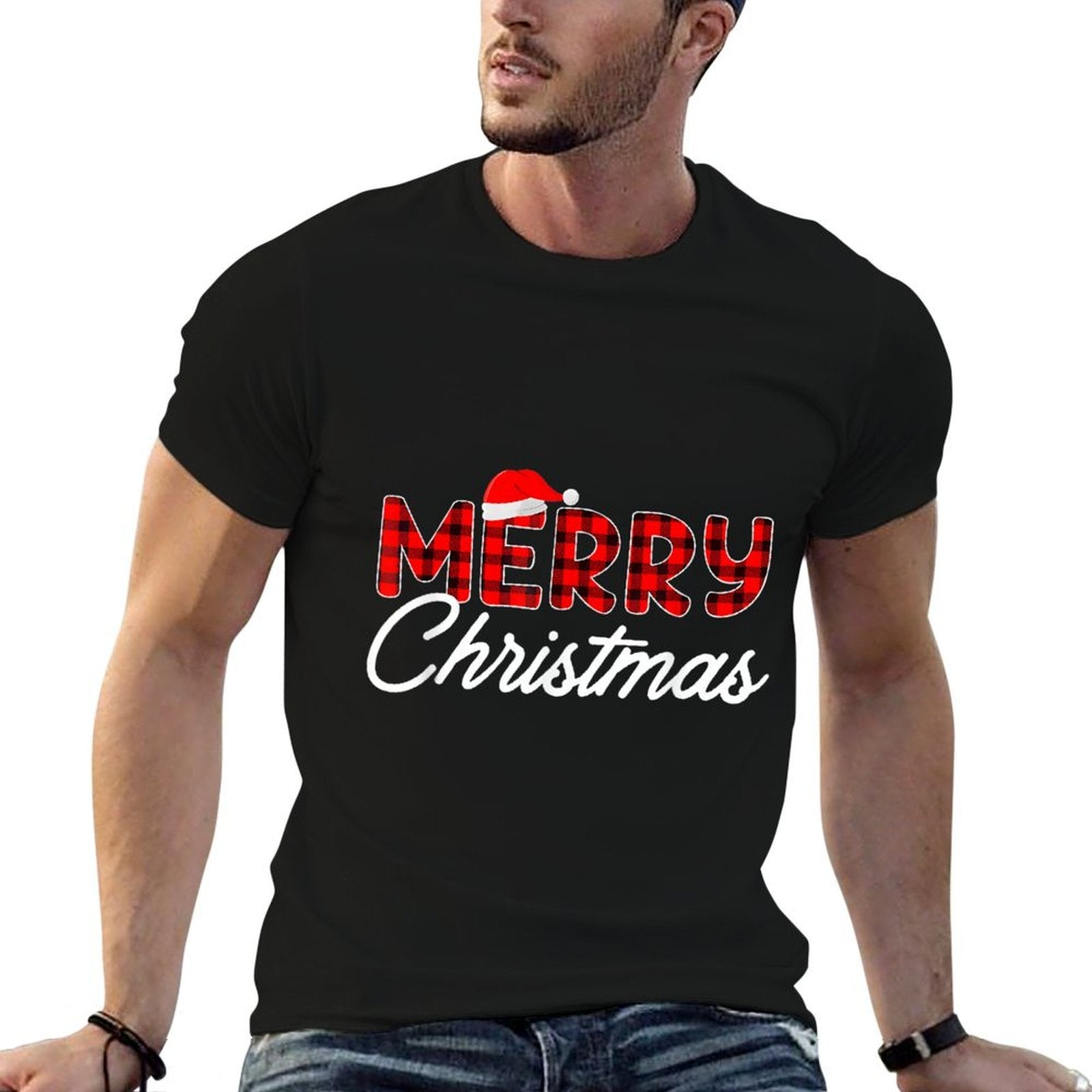 Merry Christmas Buffalo Plaid Red Santa Hat  Vintage-inspired T-Shirt