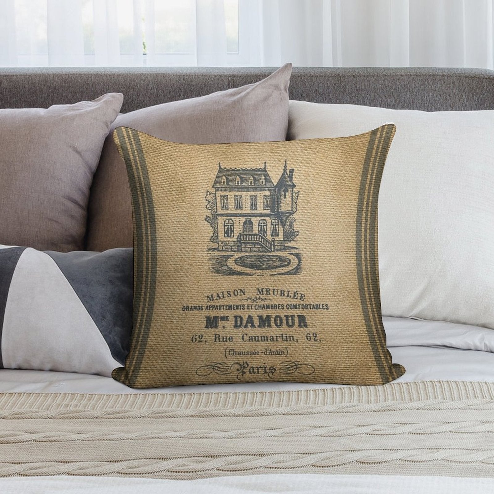 Vintage Burlap French House Design Soft Durable Construction Throw Pillow