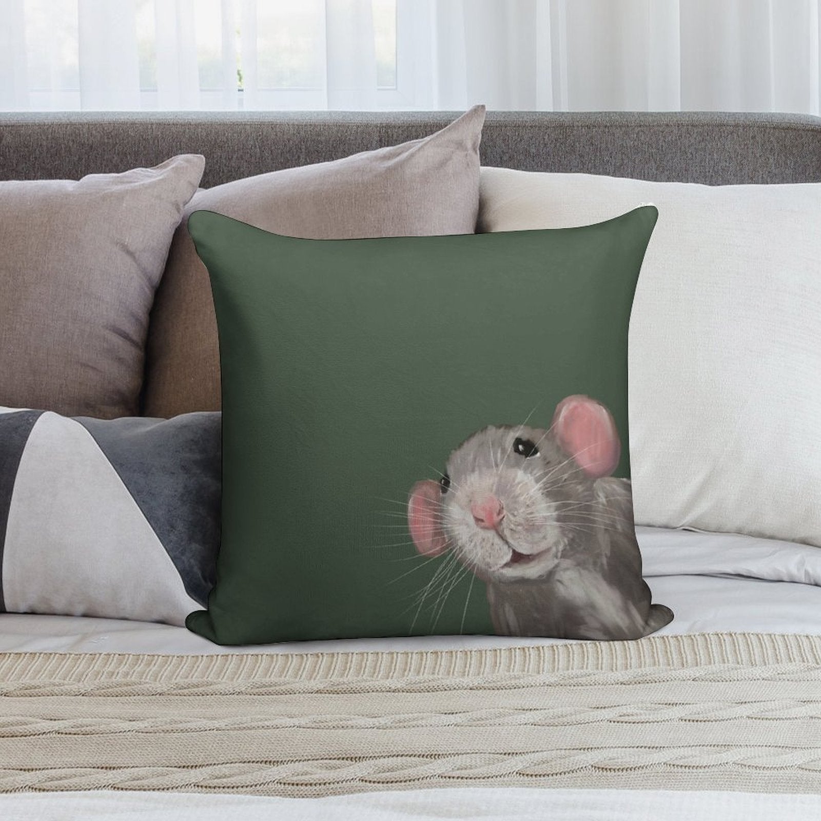 The Peeking Rat (Green) Soft Gift Ready Throw Pillow