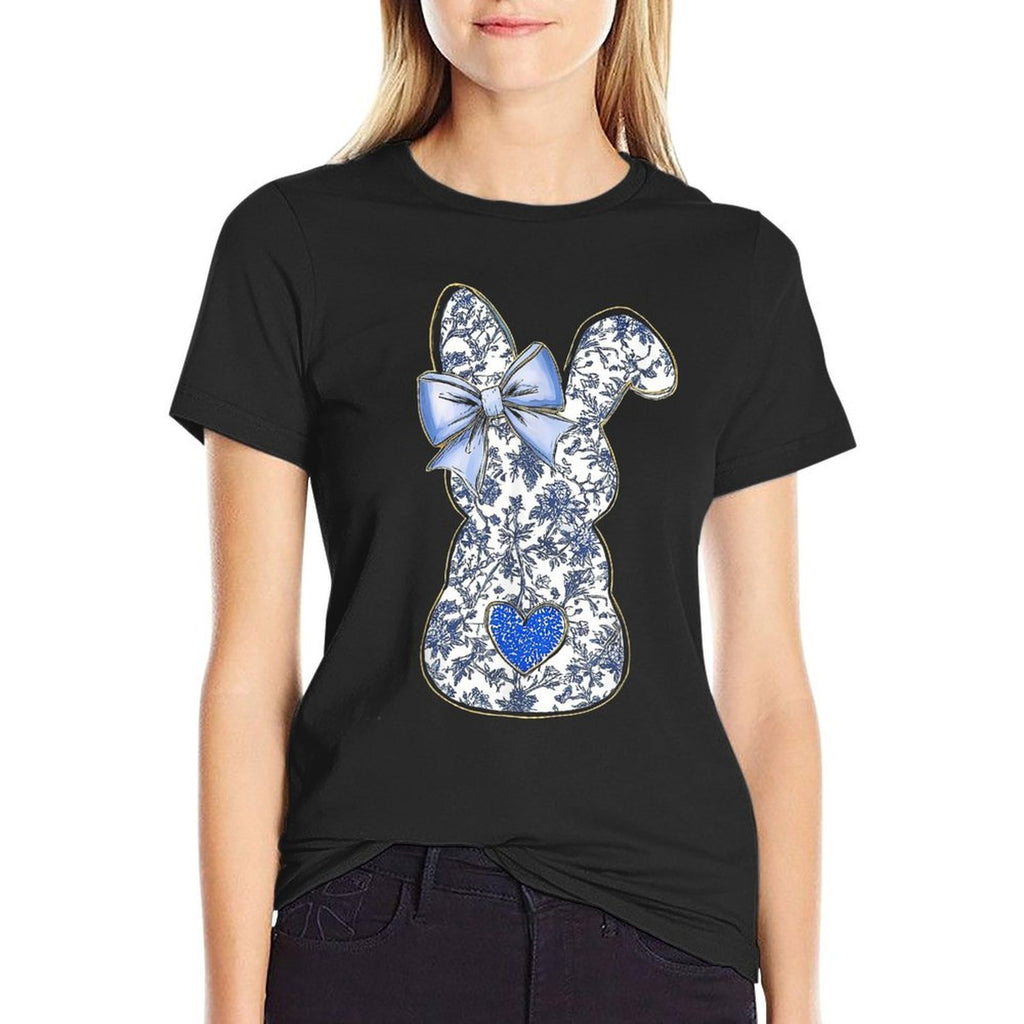 Easter Chinoiserie Floral Bunny With Cute Blue Bow Coquette  Cotton T-Shirt