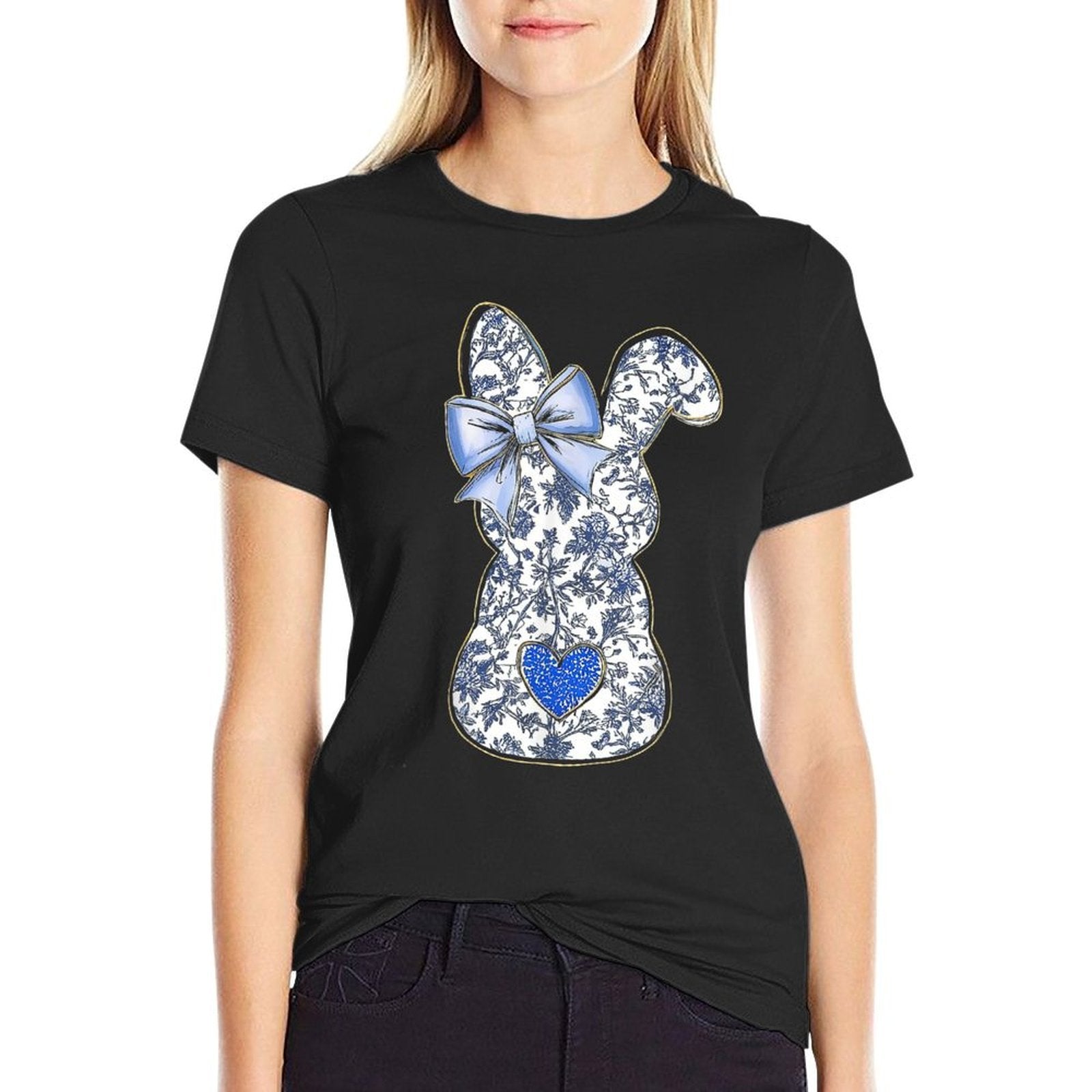 Easter Chinoiserie Floral Bunny With Cute Blue Bow Coquette  Cotton T-Shirt