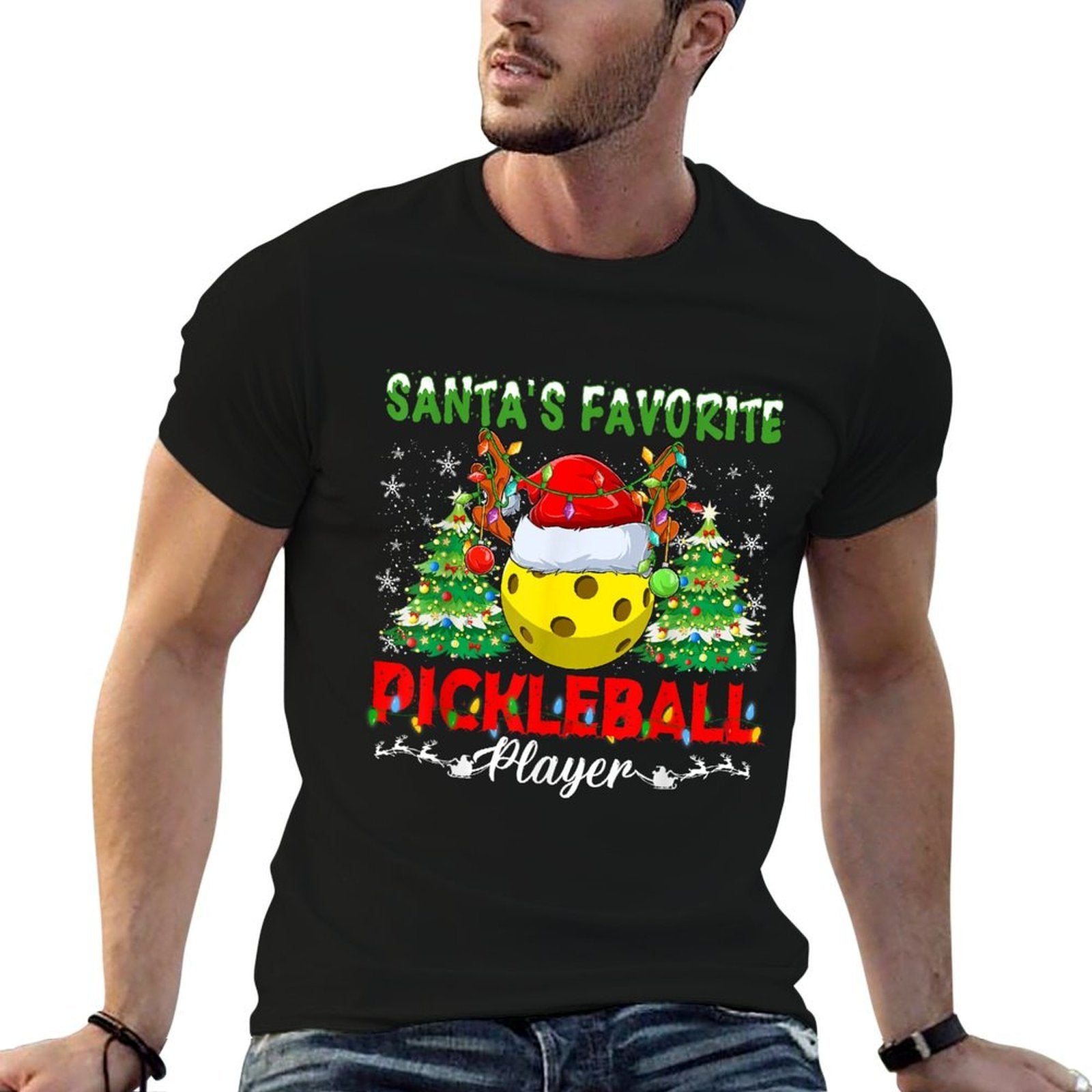Funny Santas Favorite Pickleball Player Christmas Pajama  Heathered Texture T-Shirt