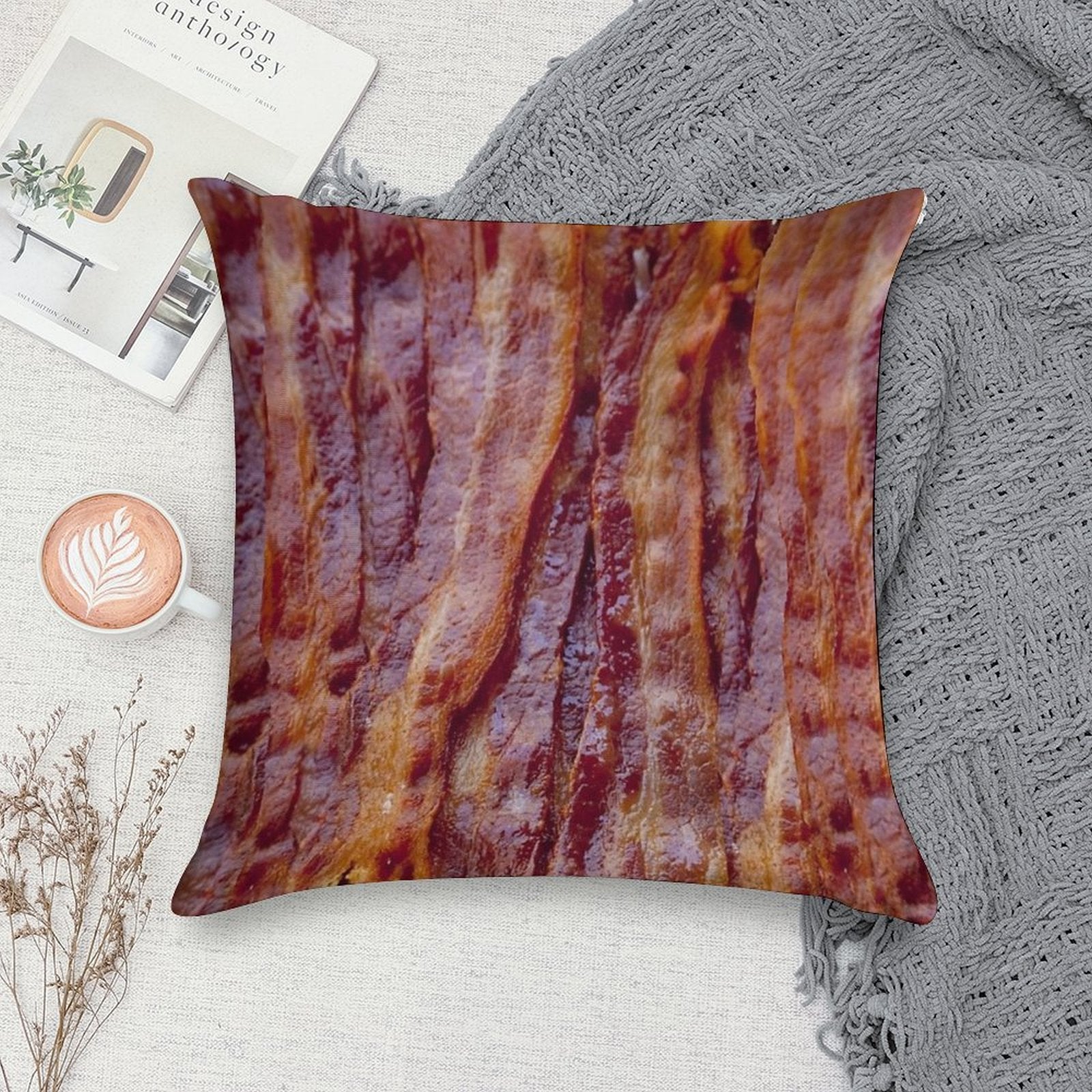 Fried Bacon Soft Short Plush Fabric Throw Pillow