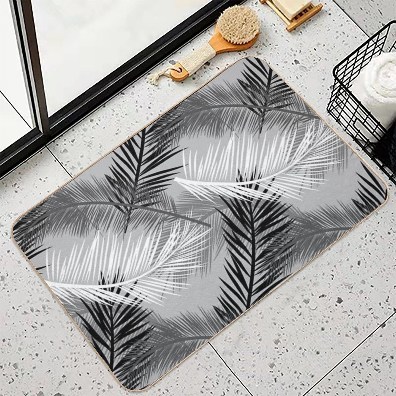 Palm Leaf Print, Gray, Black And White Durable Bath Mat