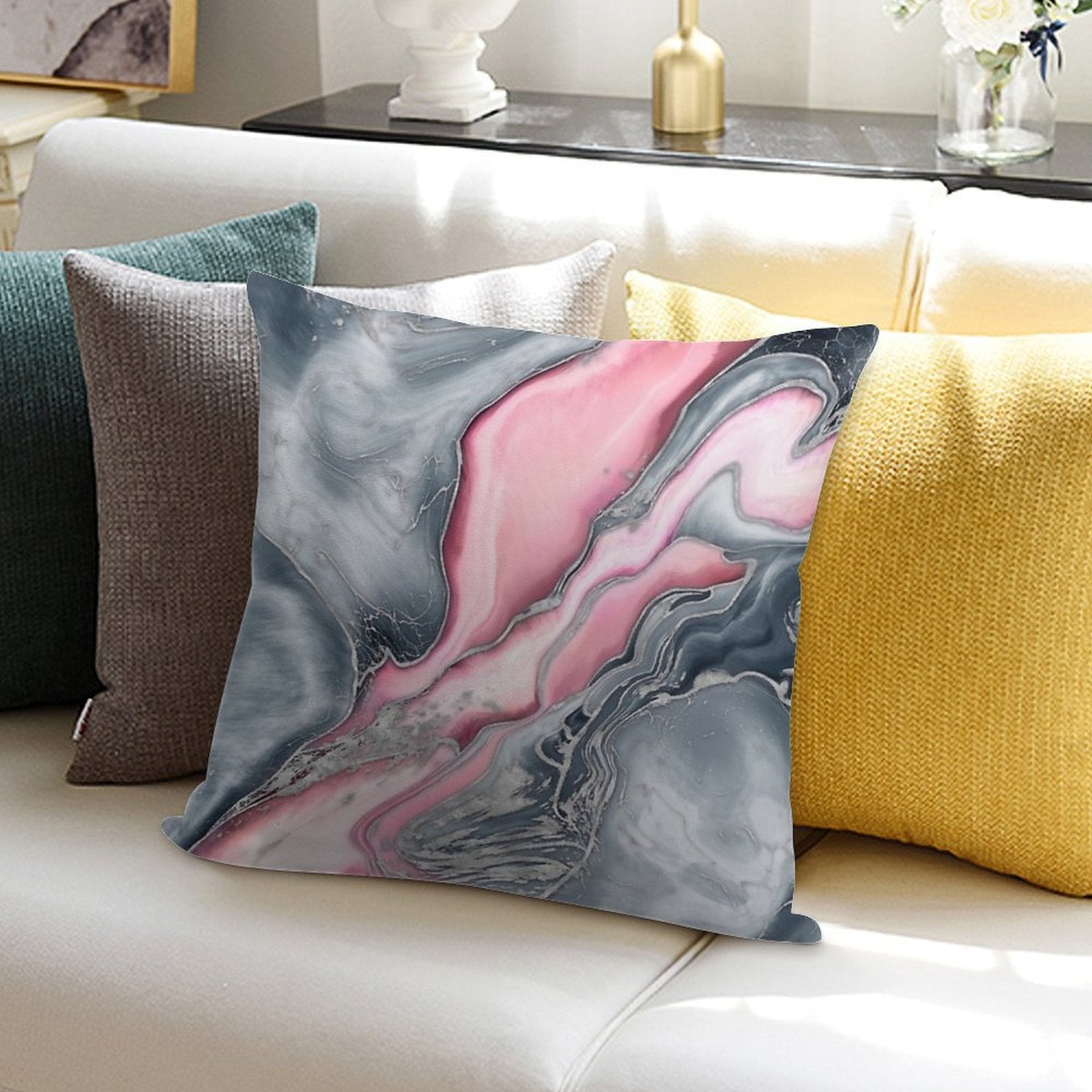 Blush Rose Marble - Pastel Pinks, Grey And Silver Soft Durable Construction Throw Pillow