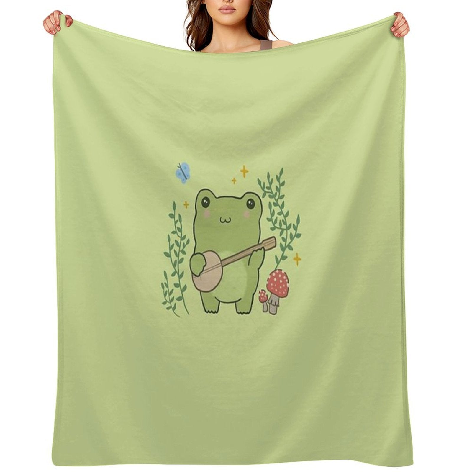 Kawaii Frog Playing Banjo Toad Cottagecore Aesthetic Mushroom And Blue Butterfly Easy Care Throw Blanket