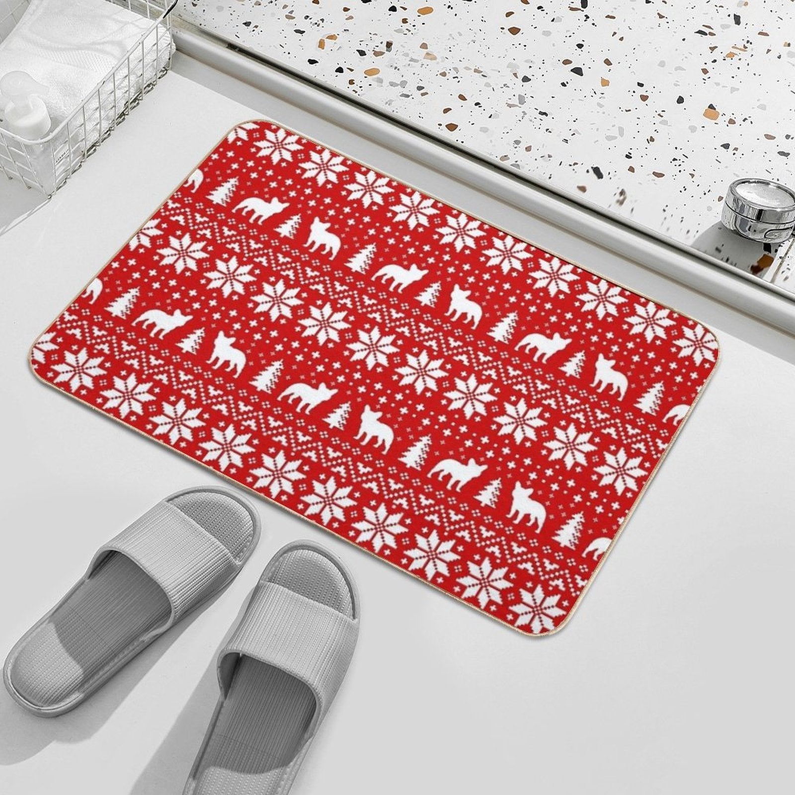 French Bulldog Silhouettes Christmas Holiday Pattern  Anti-Trip Bath Mat