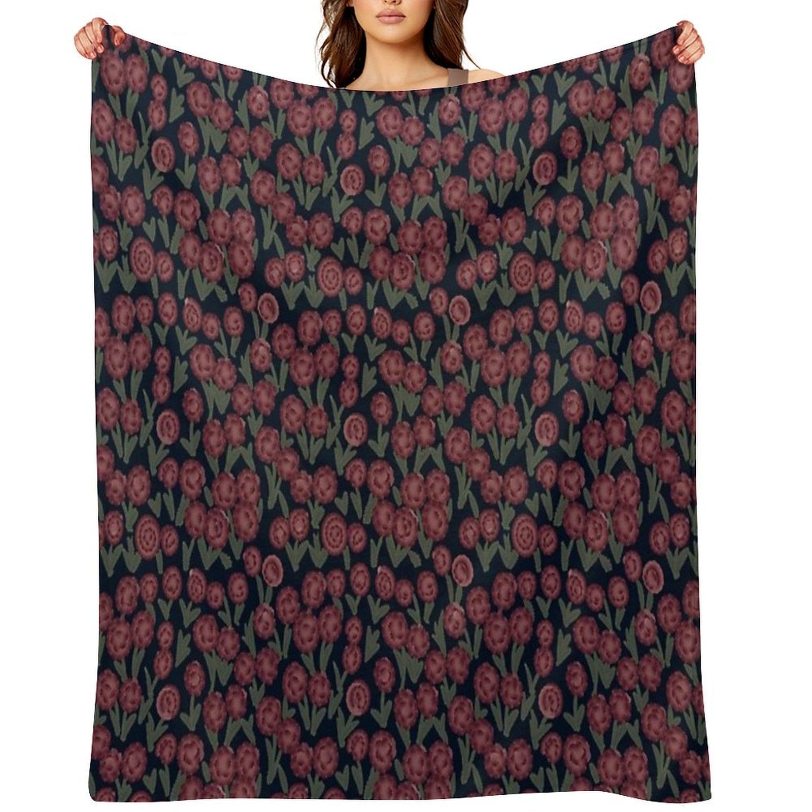Burgundy Carnations on Dark Blue – Seamless Vintage Floral Design Lightweight Throw Blanket