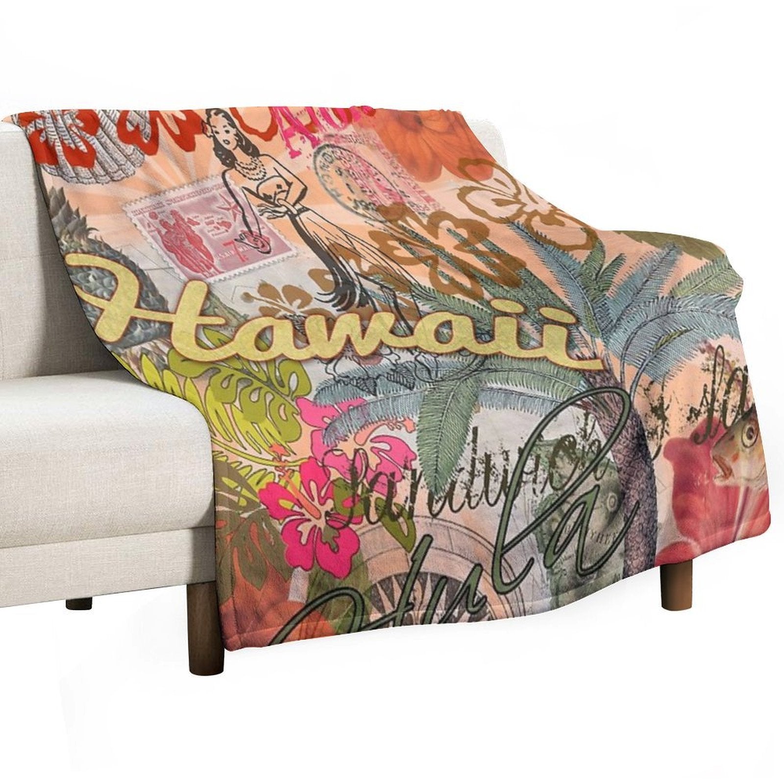Vintage Hawaii Travel Colorful Hawaiian Tropical Collage All-season Throw Blanket