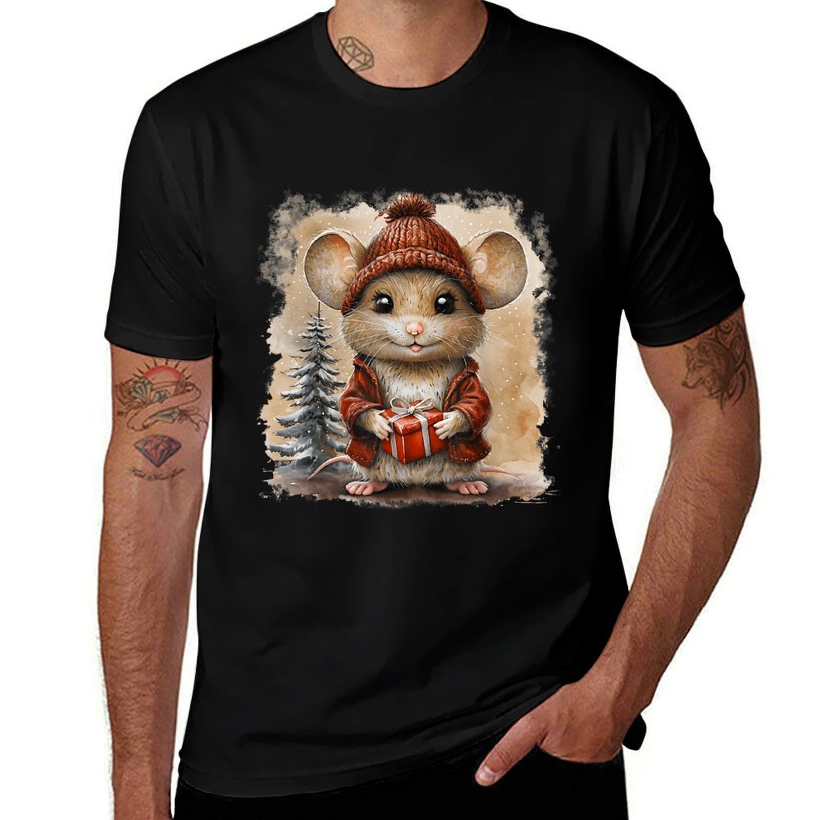 Cute Mouse Christmas Mouse Wearing Santa Hat Matching Pajama  Relaxed-fit T-Shirt