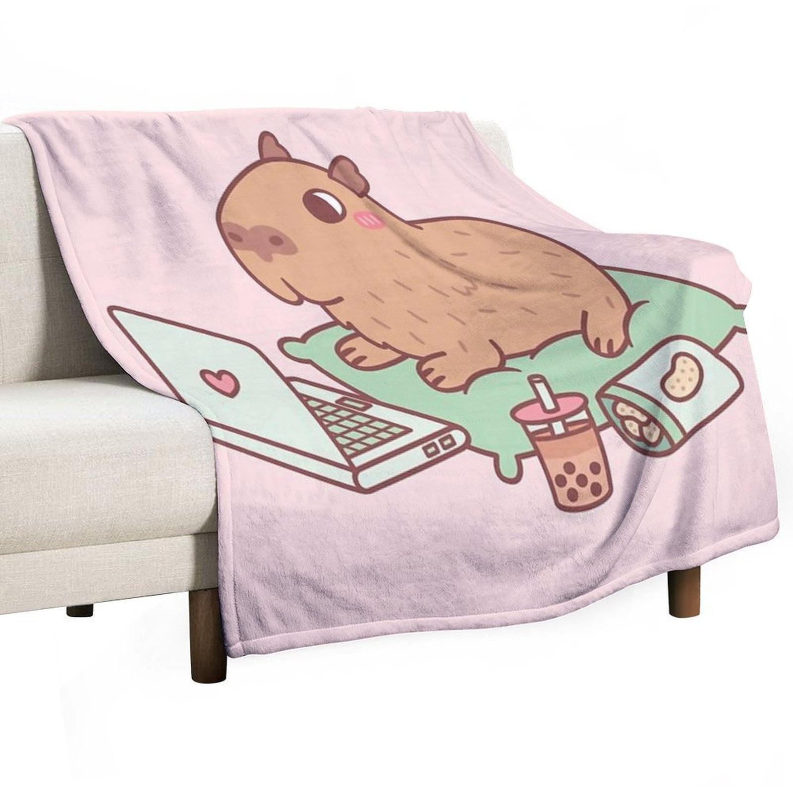 Cute Chilling Capybara With Laptop And Snacks Quick-dry Throw Blanket