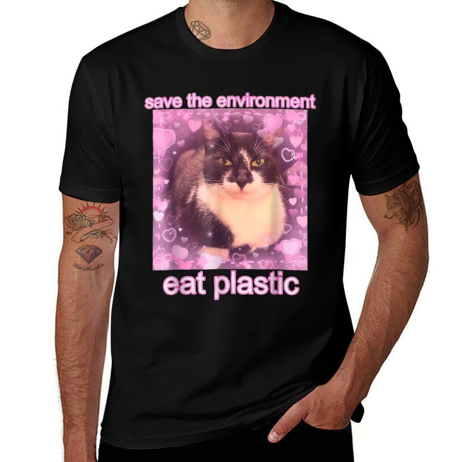 Save The Environment Eat Plastic Funny Cute Cat Meme  Affordable Price T-Shirt