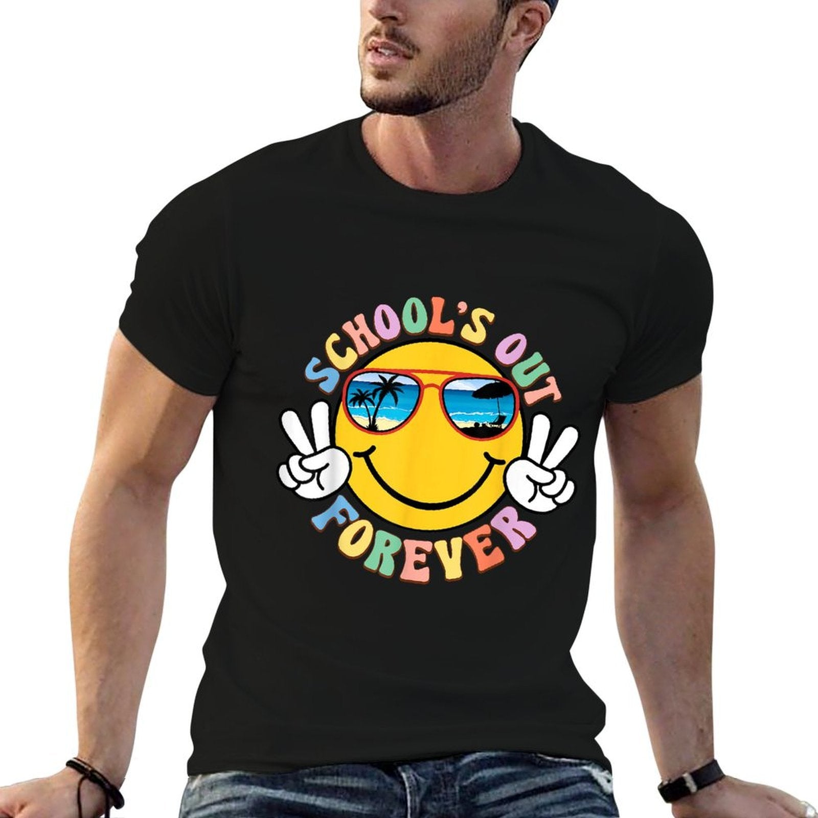 Retro Groovy Schools Out Forever Retired Teacher Retirement  Summer-ready Fabric T-Shirt