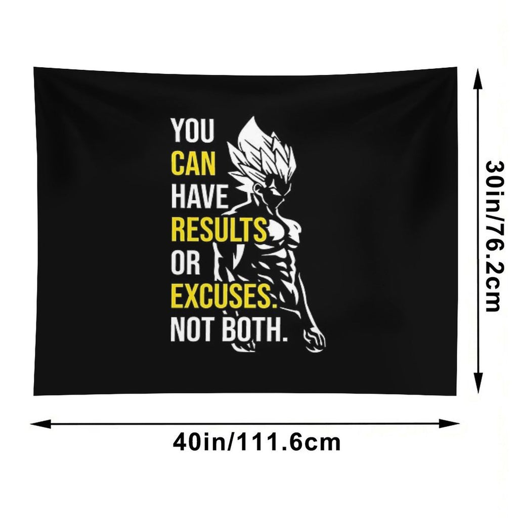 Results Vs Excuses - Vegeta Gym Motivational Tapestry