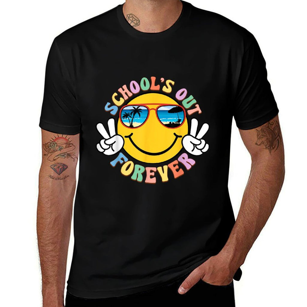Retro Groovy Schools Out Forever Retired Teacher Retirement  Summer-ready Fabric T-Shirt