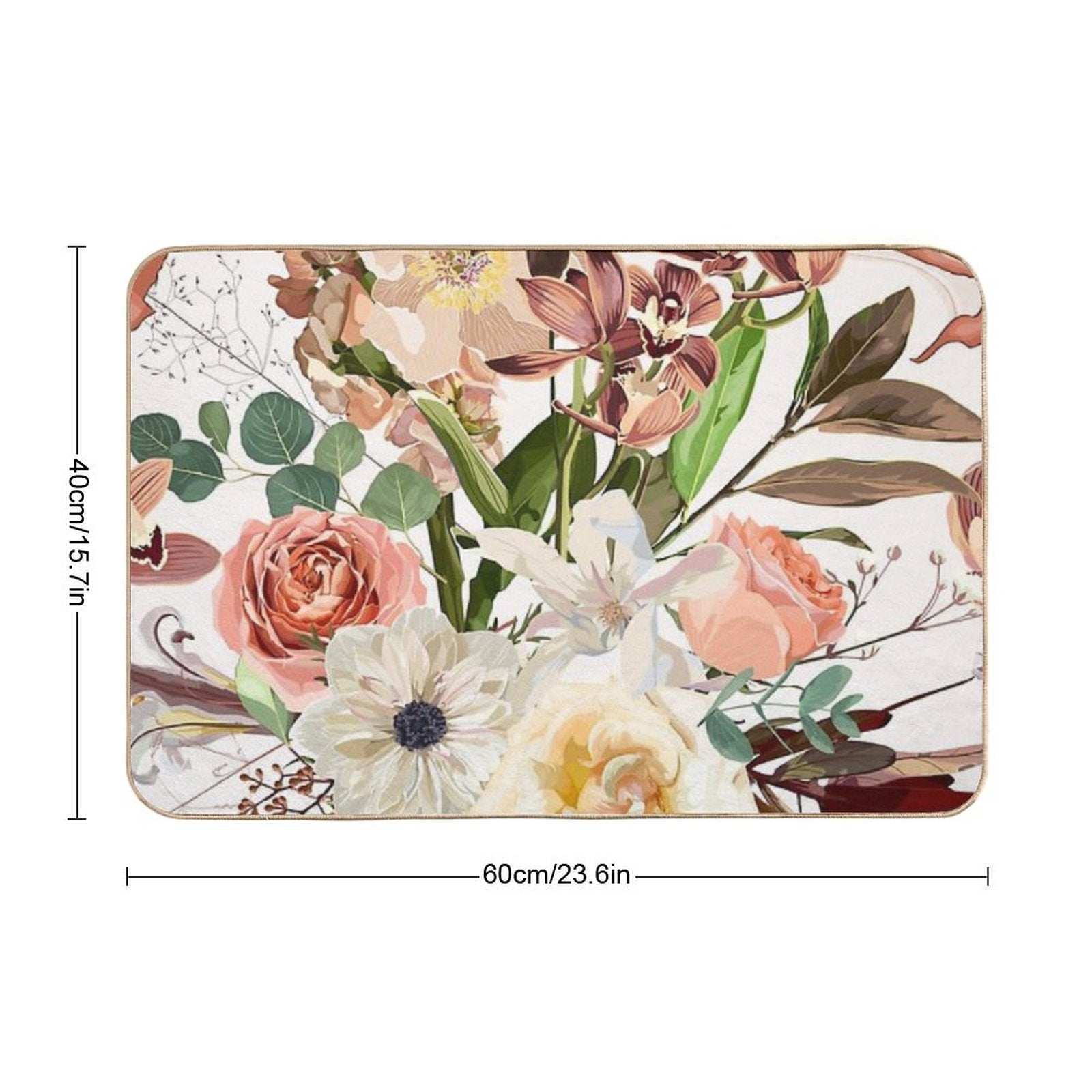 Detailed Hand Drawn Flowers - Blooming Magnolia, Roses, Eucalyptus And Herbs.  Long-Lasting Bath Mat