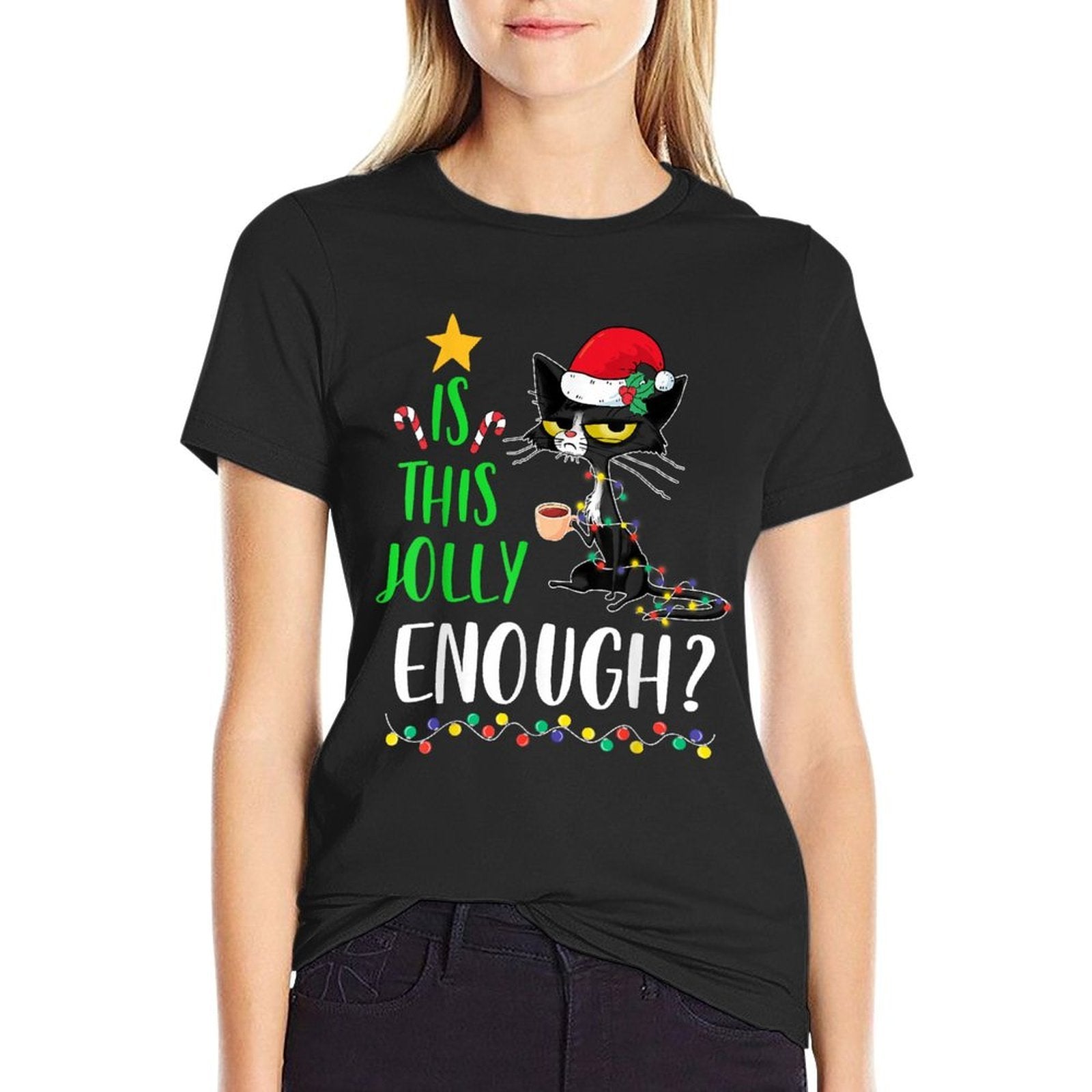 Is This Jolly Enough Black Cat Merry Christmas Tree Lights  Polyester Blend T-Shirt
