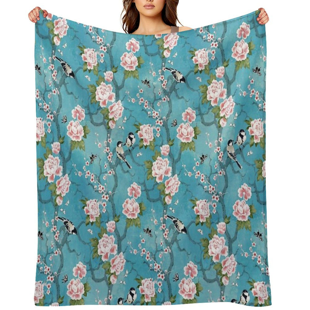 Chinoiserie Birds in Turquoise Blue Eco-conscious Throw Blanket