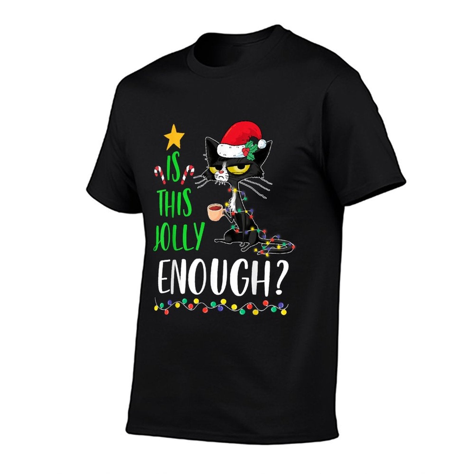 Is This Jolly Enough Black Cat Merry Christmas Tree Lights  Polyester Blend T-Shirt