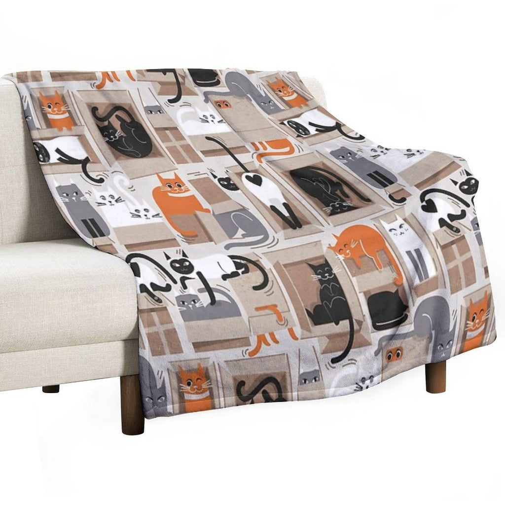 Purfect Feline Architecture  Beige Background Cute Cats in Cardboard Boxes Sustainable Throw Blanket