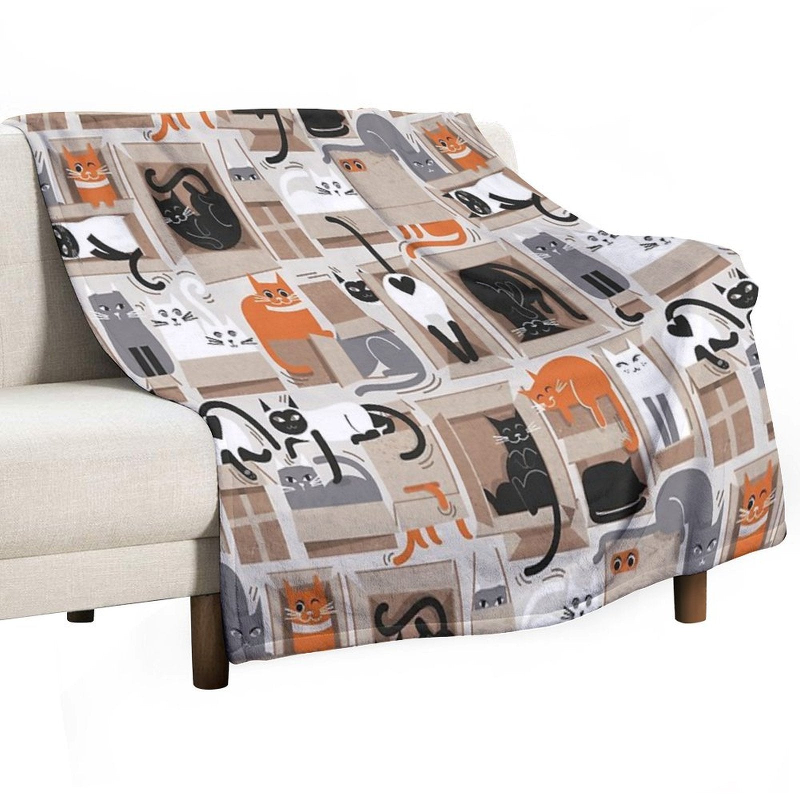 Purfect Feline Architecture  Beige Background Cute Cats in Cardboard Boxes Sustainable Throw Blanket