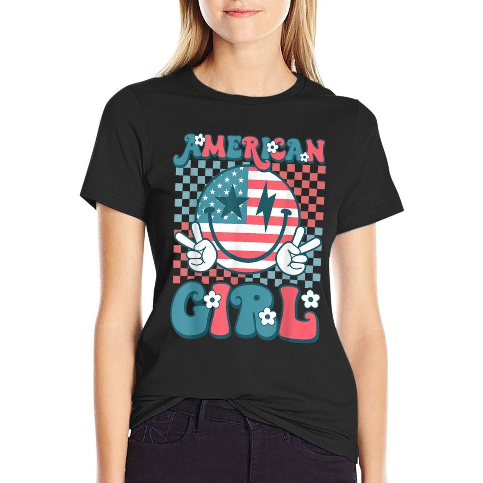 Retro Groovy Fourth 4th of July Smile American Girl  Tagless Design T-Shirt