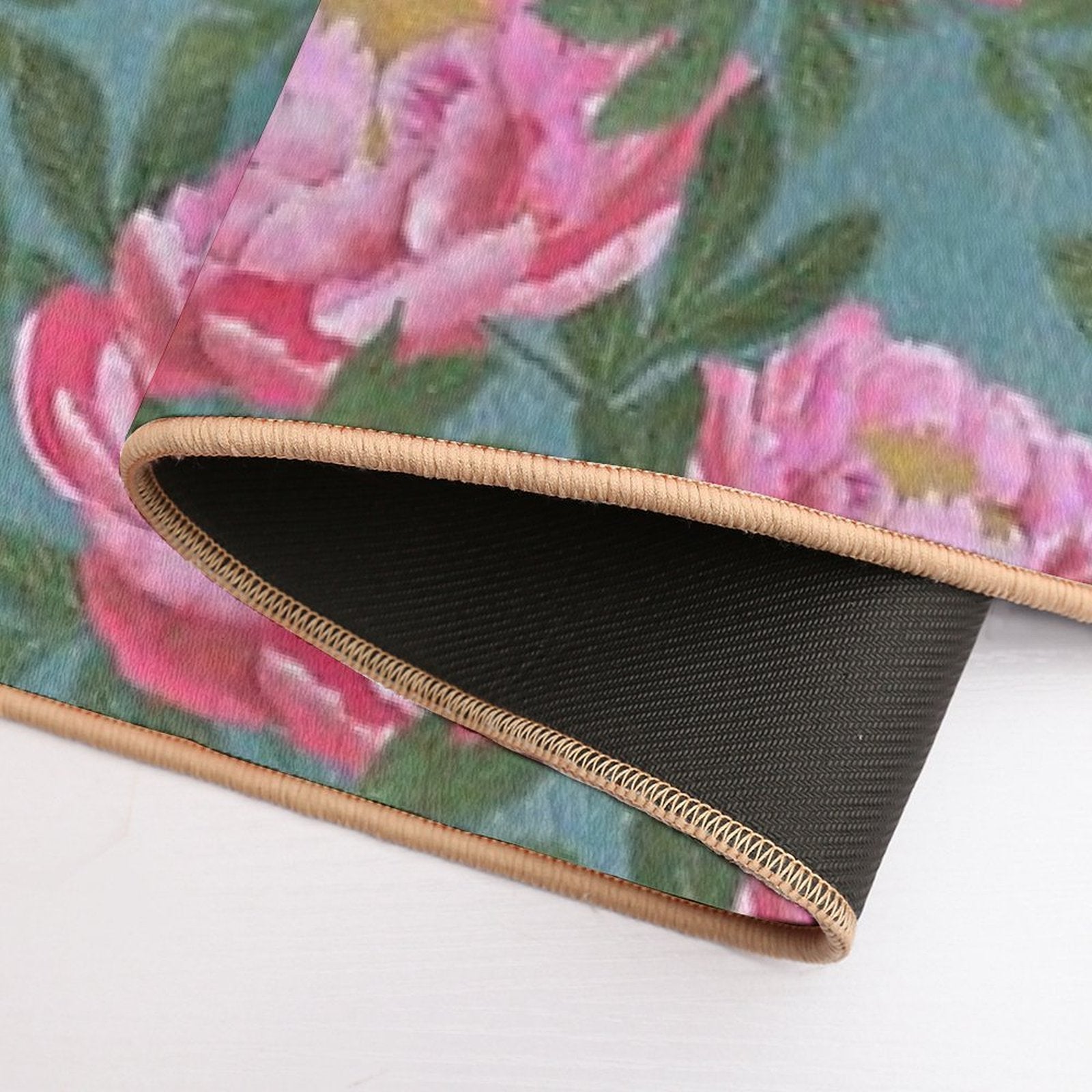 Peony on Teal  Non-Slip Bath Mat
