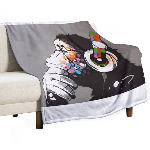 Banksy DJ Monkey Thinker with Headphones Velvety-soft Throw Blanket