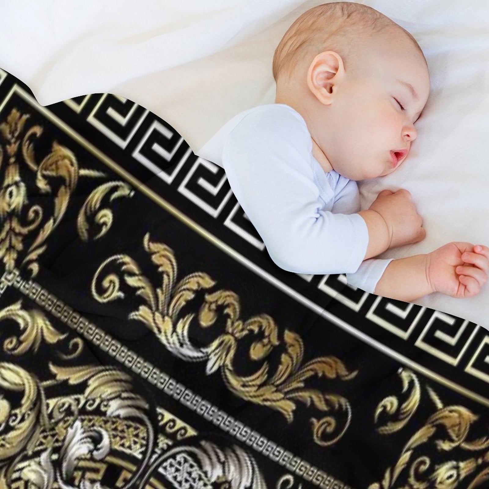 Gold Ornate Baroque Gold Black Greek Meander Machine-washable Throw Blanket