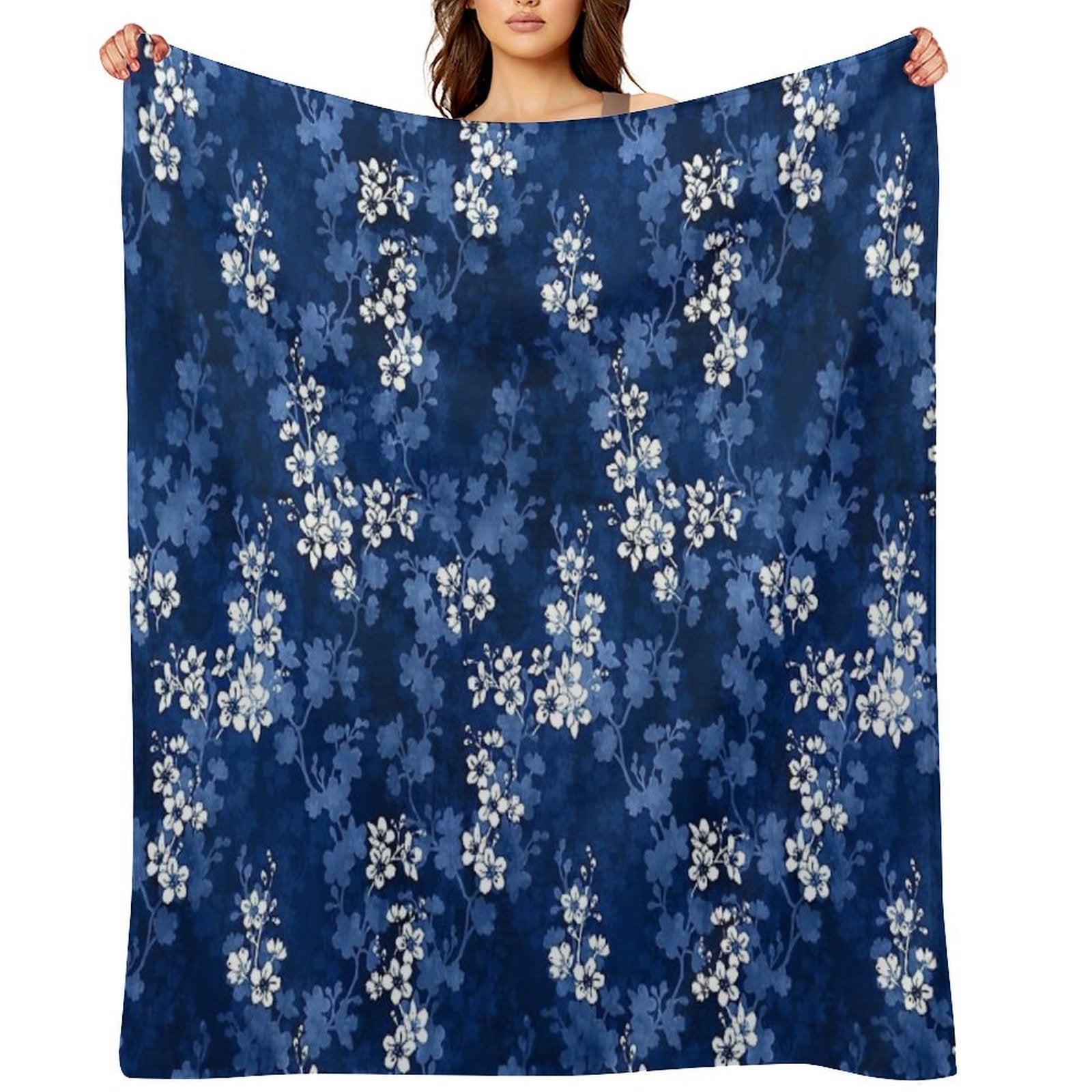 Sakura Blossom in Deep Blue Velvety-soft Throw Blanket