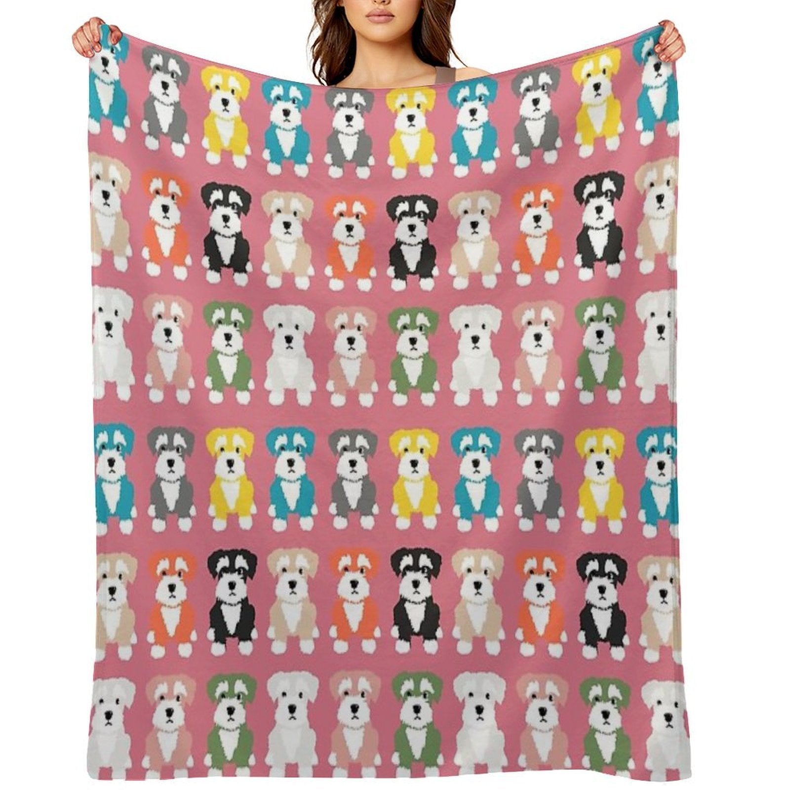 Rainbow of Miniature Schnauzer Dogs on Rose Pink Background Machine-washable Throw Blanket