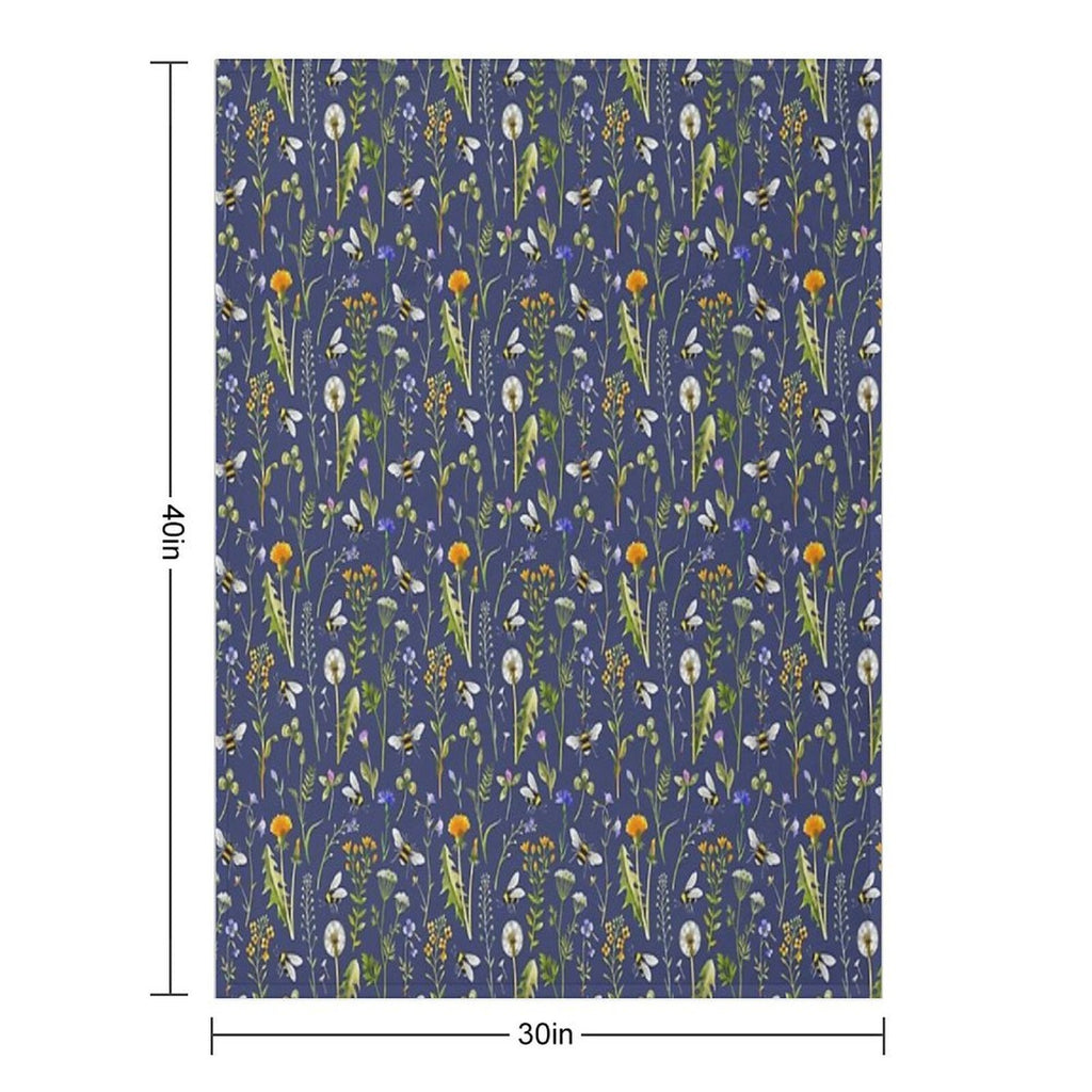 Bees And Wildflowers  Dark Blue Easy Care Throw Blanket