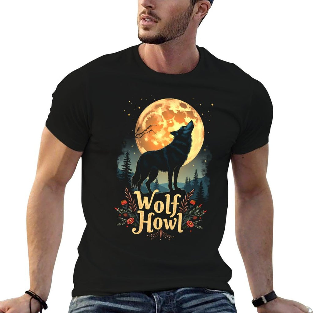 Wolf Howl Moon Graphic - Forest Animals Men’s Women’s  Ribbed Collar T-Shirt